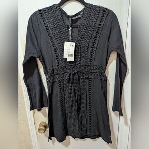 Raviya Small Black Long Sleeve Crochet-inset Trim Tunic Swim Cover-up